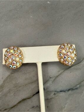 VTG Swaroski Gold-Tone Aurora Borealis Crystal Dome Clip Earrings